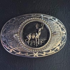 VTG Western Whitetail Deer Buck Engraved Silver Tone Oval Belt Buckle Hunting