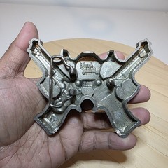 Rock Rebel Large skull and crossed 2 guns belt buckle Antiqued Silver Tone 2A