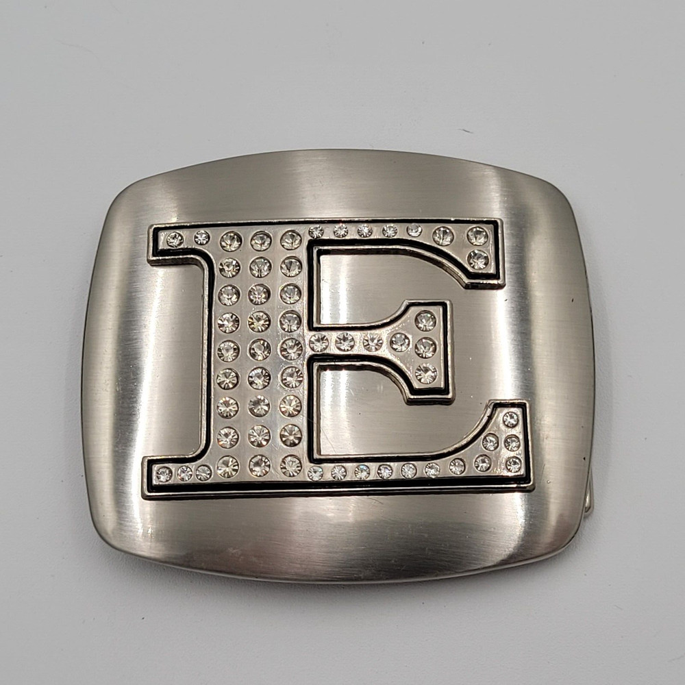 Initial E Monogram Square Belt Buckle Brushed Chrome With Rhinestones