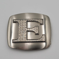 Initial E Monogram Square Belt Buckle Brushed Chrome With Rhinestones