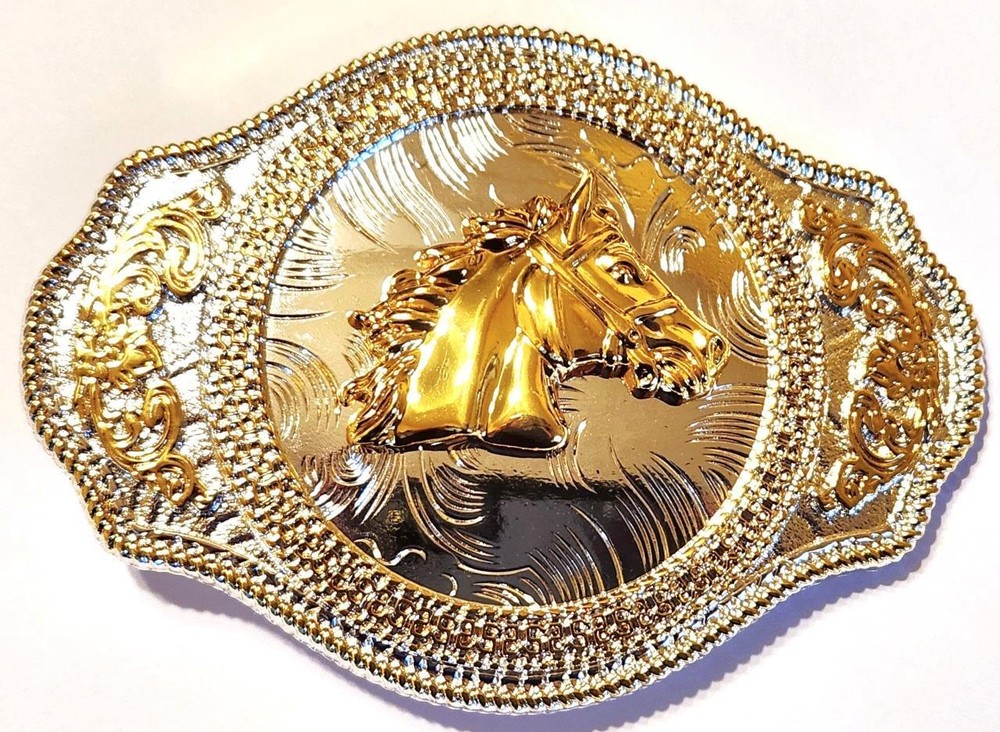HORSE HEAD OVAL WESTERN 3-D ANIMAL FARM COWBOY GOLD BELT BUCKLE