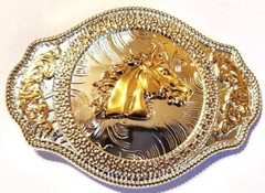 HORSE HEAD OVAL WESTERN 3-D ANIMAL FARM COWBOY GOLD BELT BUCKLE
