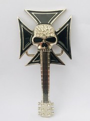 Belt Buckle Skull Guitar with Iron Cross and Diamante inlay Biker Silver Black