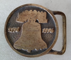 Vintage Brass Belt Buckles. Patriotic 1970&rsquo;s. Flag & Liberty Bell. Lot of 2.