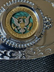 Silvertone Metal 4&Prime;x3&Prime; Buckle Features Coin Cut Kennedy Half Dollar (Back Side)