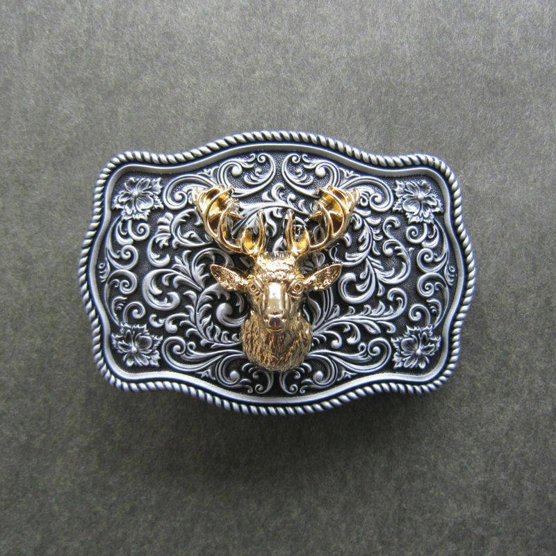 Western Flower Pattern Deer Buck Head Metal Belt Buckle