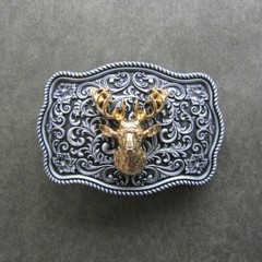 Western Flower Pattern Deer Buck Head Metal Belt Buckle