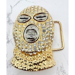 Gold Rhinestone Mask Belt Buckle Fits 1.5&Prime; Belt Western Biker Hip Hop Goon Mask
