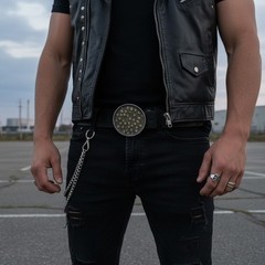 Men Belt Buckle Round 3&Prime; Heavy Metal Dome Skulls Silver Brown Biker Accessory