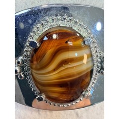 Vintage Western Silver Tone Oval Belt Buckle Brown Banded Agate Stone Beaded