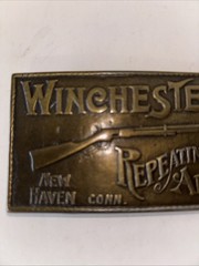 Vintage Winchester Repeating Arms Brass Belt Buckle Rifle New Haven CT Western