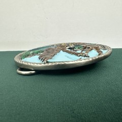 Vintage Eagle Landing On Branch Painted Metal Belt Buckle Silver Tone Nature