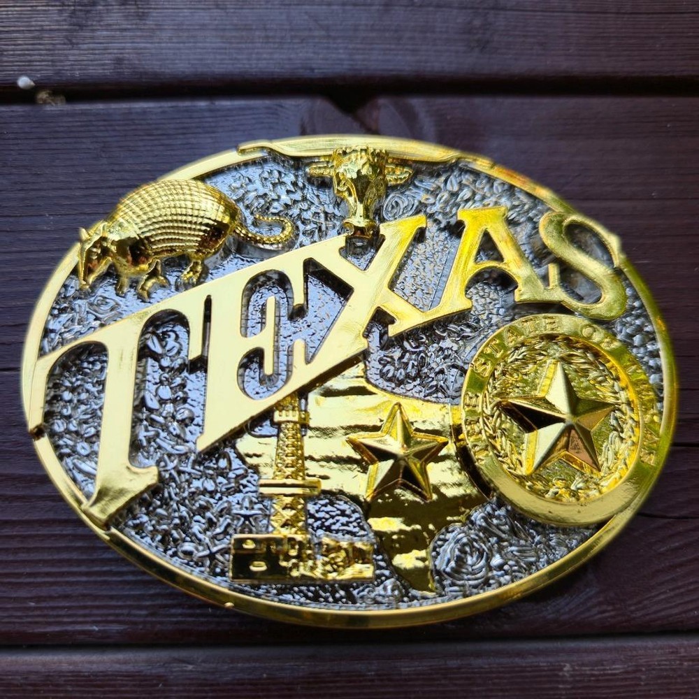 TEXAS MAP STAR BULL ARMADILLO ANIMAL RODEO COWBOY WESTERN GOLD SHINE BELT BUCKLE