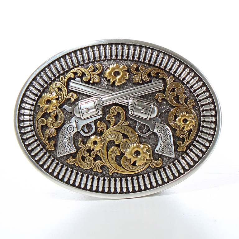 Nocona Men&rsquo;s Floral Revolver Gun & Shells Oval Belt Buckle 37009