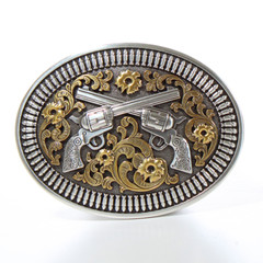 Nocona Men&rsquo;s Floral Revolver Gun & Shells Oval Belt Buckle 37009