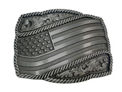 Waving American Flag Patriotic Silver Color Rope Border Western NOS Belt Buckle