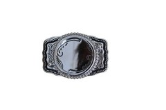 Vintage Western Belt Buckle Silver Metal Oval Scrollwork Made In USA Cowboy 90s