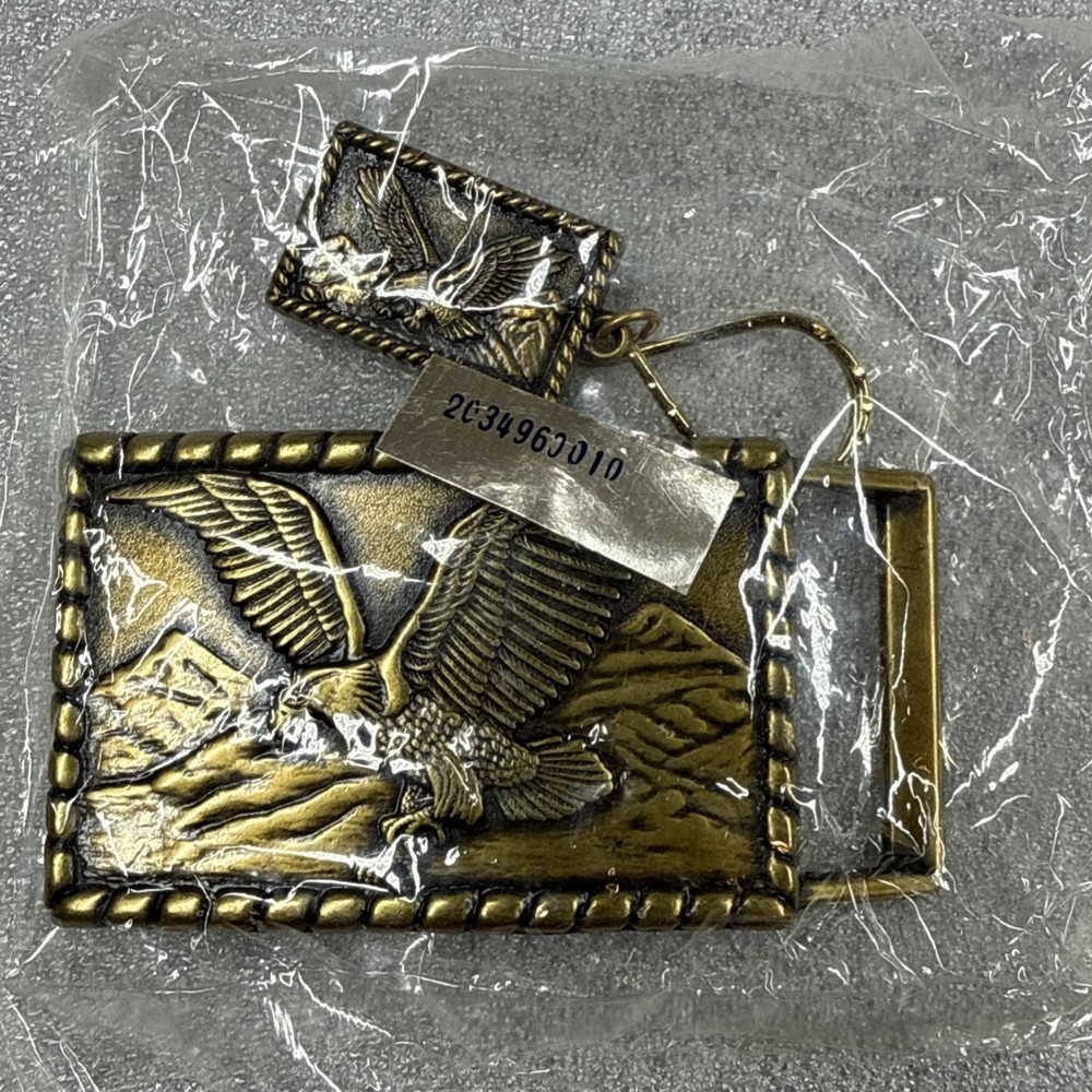 Vintage Flying Eagle Buckle and Key Chain Solid Brass New Still Sealed Packaged