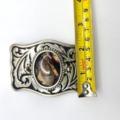 Western Belt Buckle Dendritic Agate Cabochon Silver Engraved Accents Side Pieces