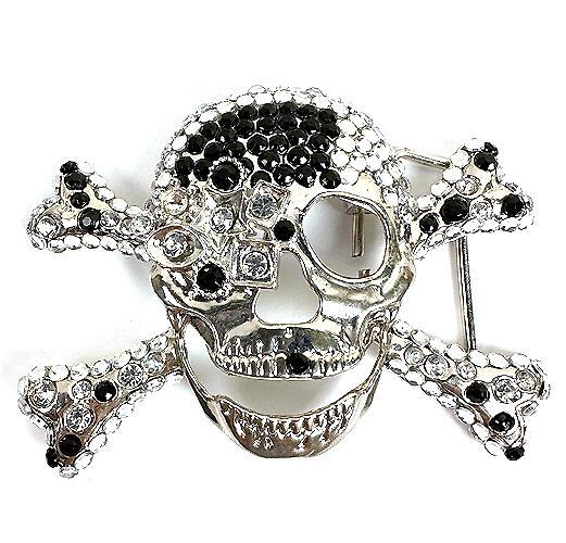 Skeleton Skull Cross Bones Black Clear Crystal Rhinestone Halloween Belt Buckle
