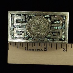 Mexican Alpaca Silver Abalone Shell Inlay Aztec Calendar Belt Buckle Western
