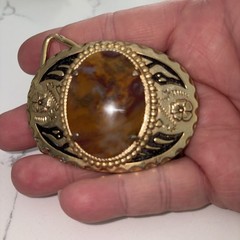 Vintage Gold Tone Western Belt Buckle Natural Polished Stone Center 3&Prime;×2&Prime;