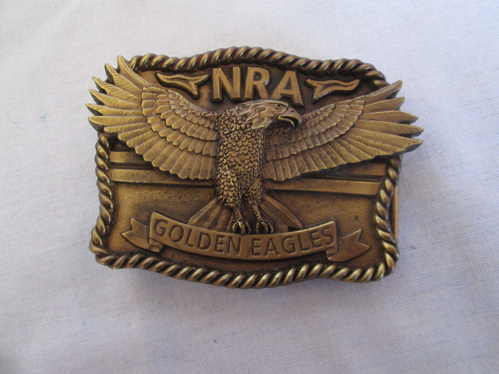 Vintage Golden Eagles NRA Belt Buckle 3D Eagle Rope Edging National Rifle Assoc