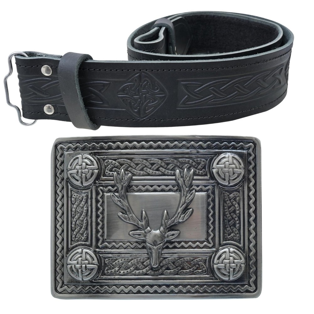 Kilt Belt and Buckle Set – Scottish Celtic Embossed Large – 38&Prime; to 42&Prime;, Black