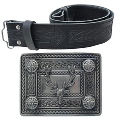 Kilt Belt and Buckle Set – Scottish Celtic Embossed Large – 38&Prime; to 42&Prime;, Black