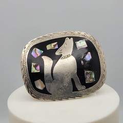 Mexican Alpaca Silver Belt Buckle Howling Wolf Coyote Black Enamel Abalone Inlay