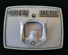 Bottle Opener Belt Buckle « OPEN HERE » Large Functional Buckle 3.75&Prime; Fits To 1.6&Prime;