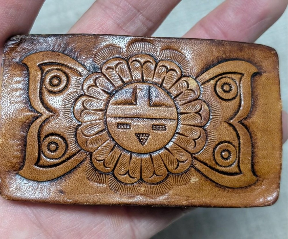 vintage TOOLED belt buckle NATIVE AMERICAN INDIAN leather SOUTHWESTERN navajo