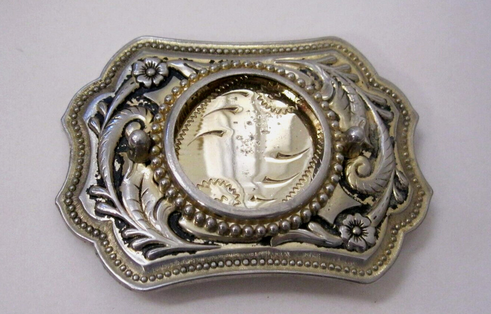Vintage Southwestern Repousse Gold Tone Metal Belt Buckle with Black Enamel