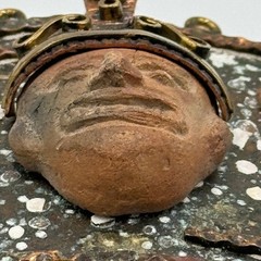 Vintage Maya Mexico Brutalist Mixed Metal Belt Buckle Clay Mask Enamel Folk Art