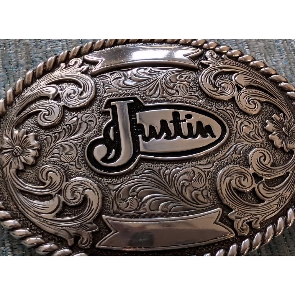 Justin Belt Buckle Western Cowboy Silver Tone Oval Engraved Floral Rope Edge