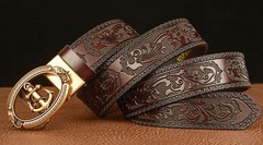 Lyqqine Men&rsquo;s Leather Ratchet Belt Ethnic 125cm, Grass Carving Anchor Brown