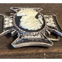 Vintage Gothic Cameo Maltese Cross Belt Buckle Silver Tone Rhinestone Mens Biker