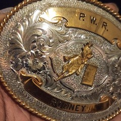 Western Barrel Racing Trophy Belt Buckle P.W.R. Rodney Two Tone Silver Gold Oval