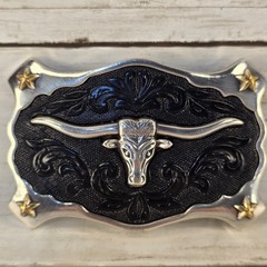 Western Longhorn Bull Head Belt Buckle Silver Black Gold Star Cowboy Rodeo
