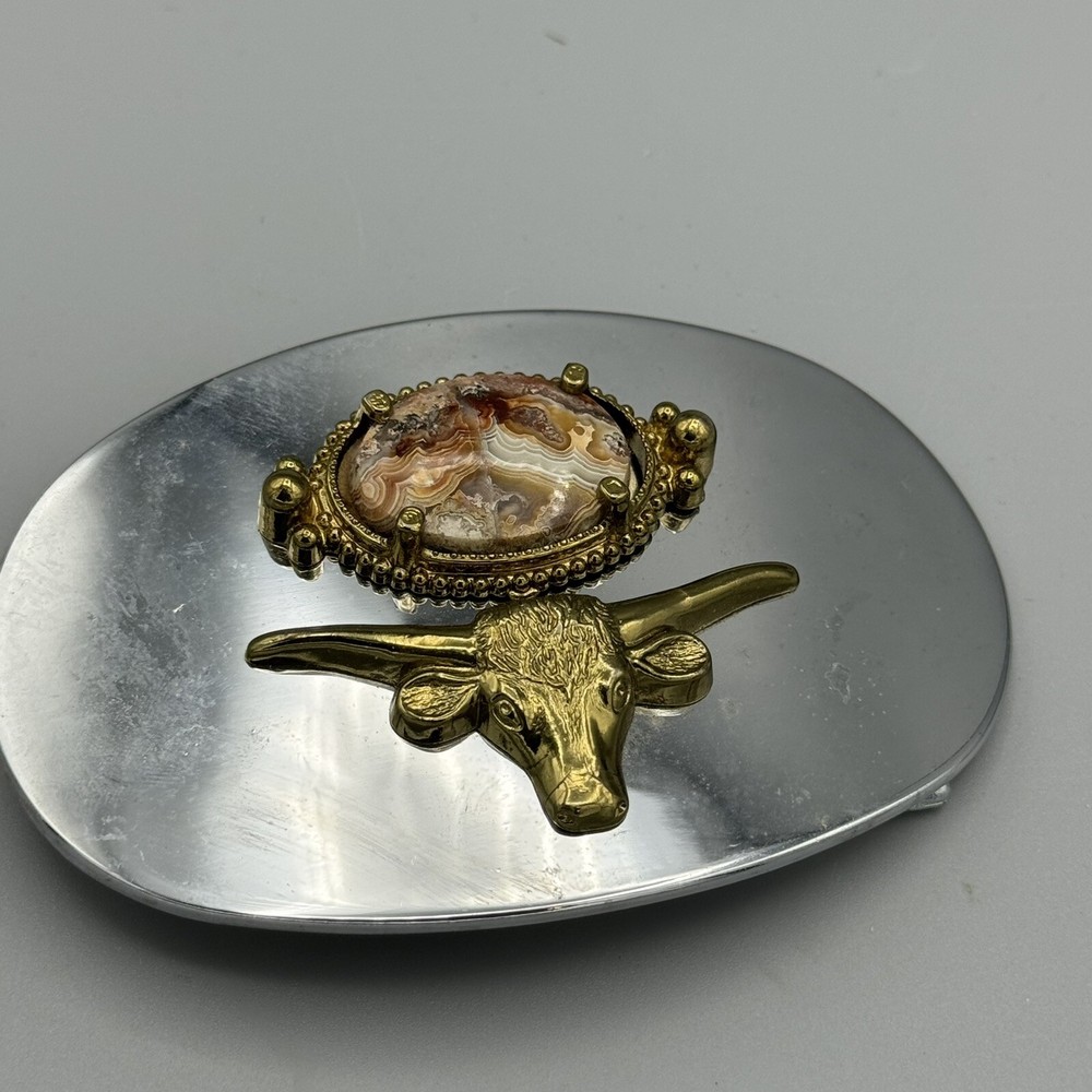 Western Oval Texas Longhorn Sterer Belt Buckle Jasper Agate Stone Unisex
