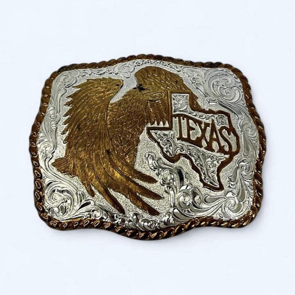Vintage Crumrine Two-Tone Silver Gold Eagle Texas State Western Belt Buckle USA