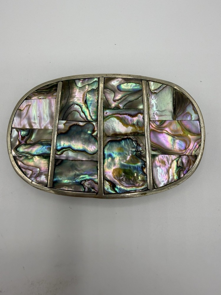 Vintage Mexico Alpaca Silver Belt Buckle Abalone Shell Inlay Oval Western Boho