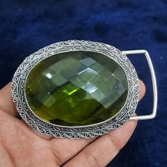 Gemstone Belt Buckle Handmade Green Faceted Glass Vintage Silver Tone Buckle