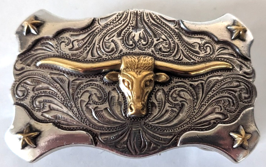 Texas Lornhorn Bull Western Cowboy Belt Buckle Solid Metal Silver Color Pin 3&Prime;