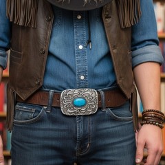 Men Women Antique Silver Metal Ethnic Belt Buckle Turquoise Filigree Bohemian