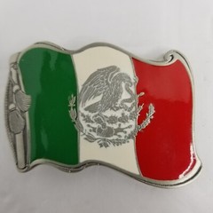 Mexican Flag Belt Buckle, Enamel Pewter, 3-1/4&Prime; x 2-1/4&Prime;, Buckle Bakery, New