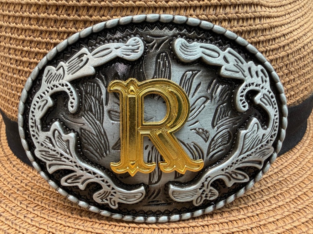 Antiqued Silver Gold Initial R Oval Western Cowboy Floral Vine Belt Buckle