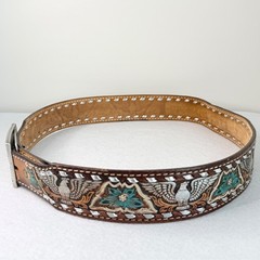 VTG Western Tooled Leather Belt Eagle Floral Inlay Personalized Jerry Size 36