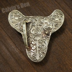 Hand Carved Bull Skull Western Floral Large Belt Buckle with Turquoise & Coral