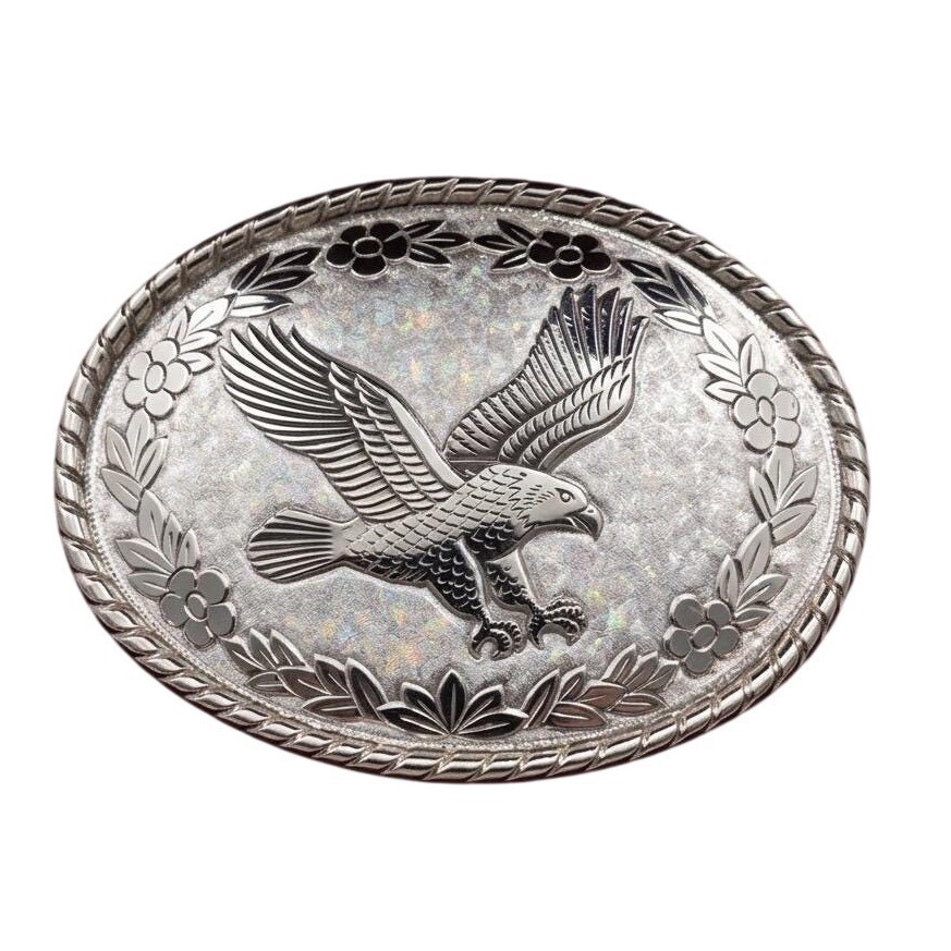 Western Belt Buckle Silver Tone Soaring Eagle Floral Oval Vtg W Made in USA Lg